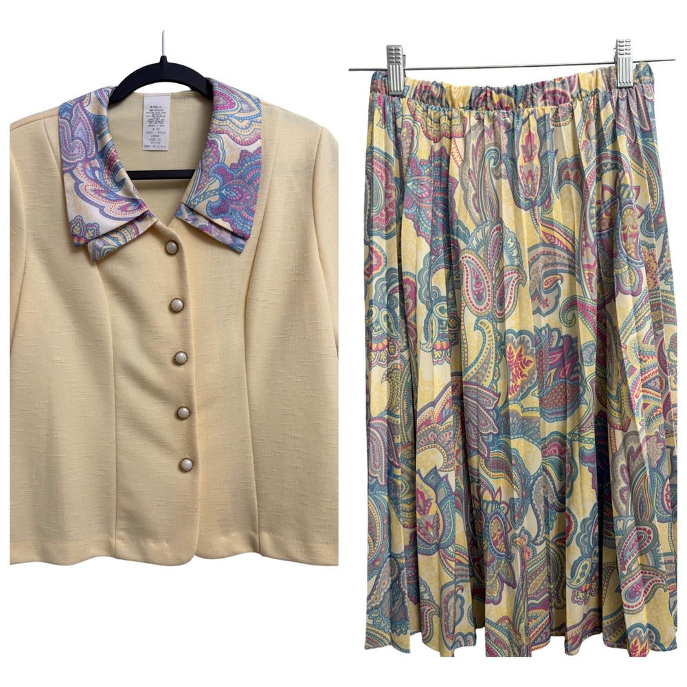 Vintage Yellow Paisley Skirt Set 2 Piece Short Sleeve Button Top Midi Skirt 12P
